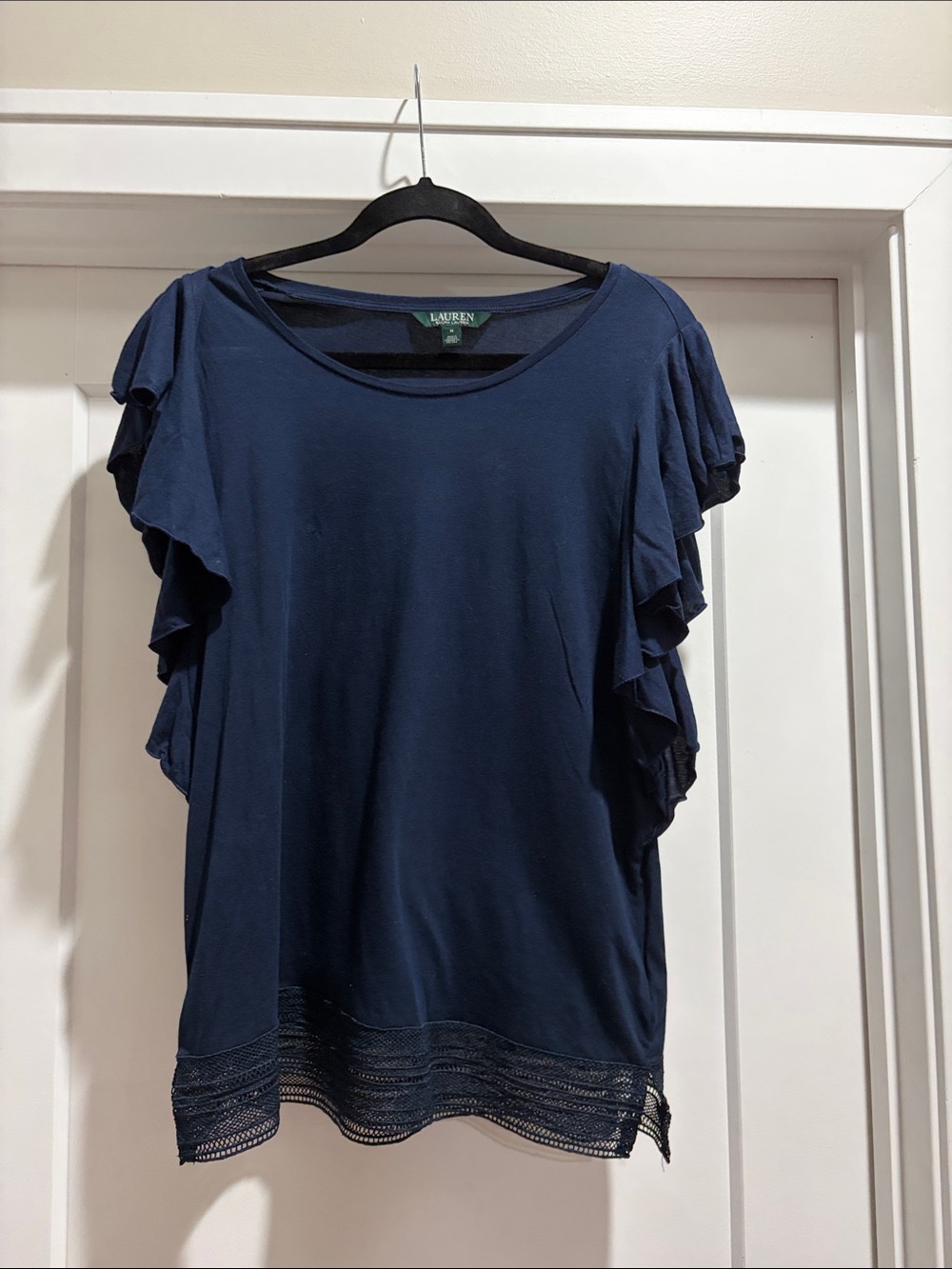 Lauren Ralph Lauren Navy Short Sleeve Ruffle Lace-Hem Blouse M